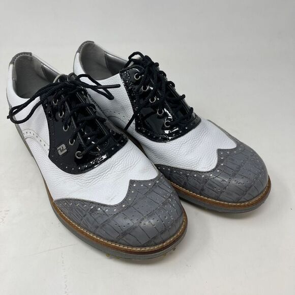 Foot Joy White Black Gray Dryjoys Premiere Series Wilcox Golf Shoes Size 8 - Picture 1 of 7